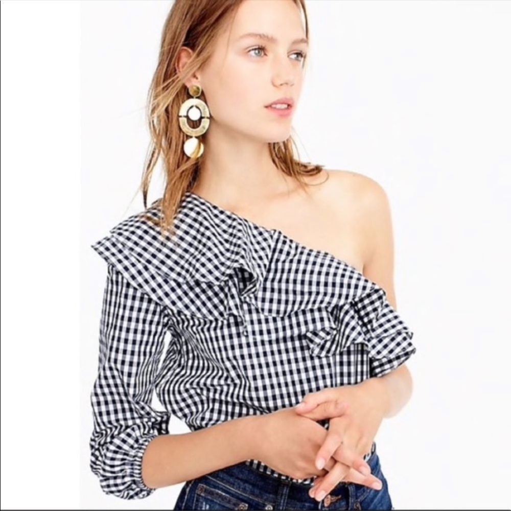 JCrew One Shoulder Gingham Blouse